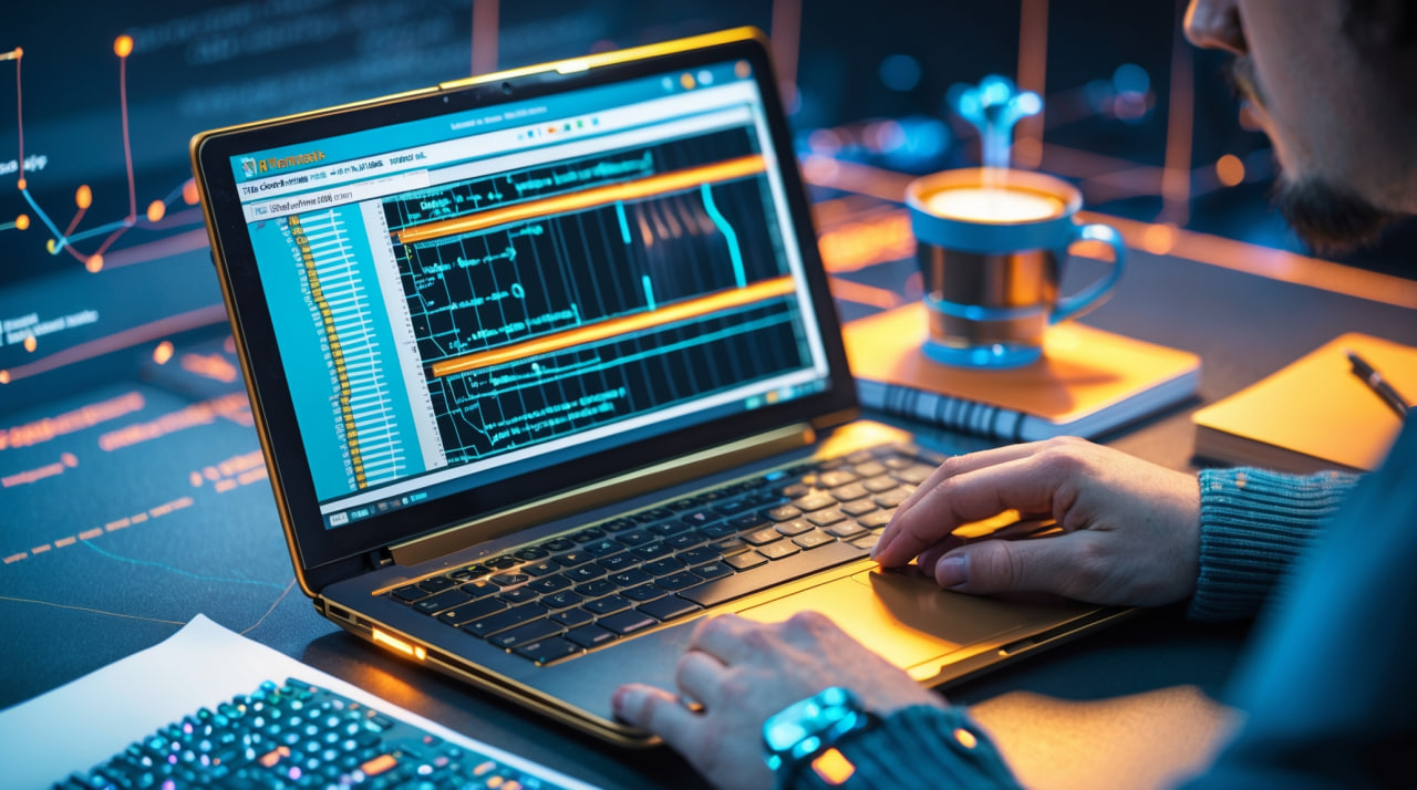 Ноутбук на столе пентестера, на экране виден код. День из жизни пентестера в деталях.